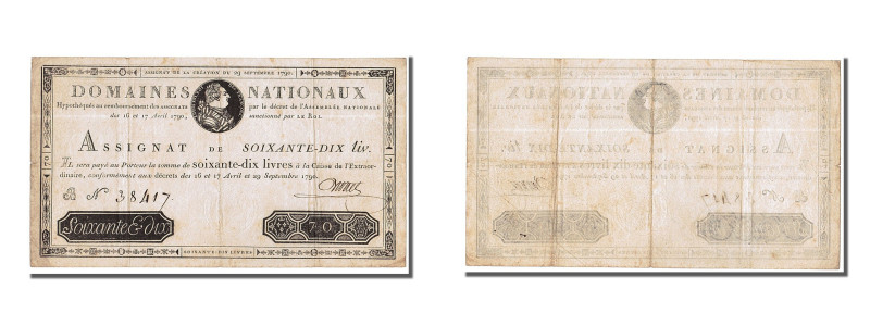 France, 70 Livres, 1790-09-29, B, AU(50-53) 
 King Louis XVI at top center., Bl...