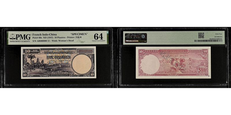 FRENCH INDO-CHINA, 10 Piastres, Specimen, UNC 64, PMG 
 Specimen. TDLR oval., A...