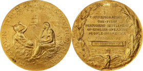 1907 Jamestown Tercentennial Exposition Award Medal. By Tiffany & Co. Bronze, Gilt. Mint State.
63 mm. Obv: Native American couple sitting on a shore...