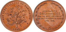 1890-1891 New York College of Dentistry Award Medal. By Tiffany & Co. Bronze. Mint State.
44.8 mm. Obv: Flowering branch with banner reading FLOS PRO...