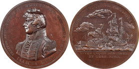 "1812" Captain Isaac Hull / USS Constitution vs. HMS Guerriere Naval Medal. Julian NA-12. Copper, Bronzed. Specimen-64 BN (PCGS).
65 mm.
From Herita...
