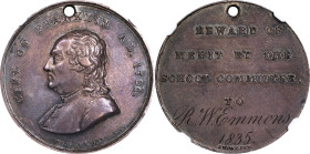 1835 Boston School Medal. Greenslet GM-354. Rarity-6. Silver. AU-55 (NGC).
34 mm. Lower reverse field inscribed to the recipient R.W. EMMONS / 1835....