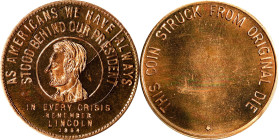 "1864" Abraham Lincoln Memorial Medal. Brass. Gem Mint State.
31 mm. Obv: Circle encloses bearded bust left, around which is the legend AS AMERICANS ...