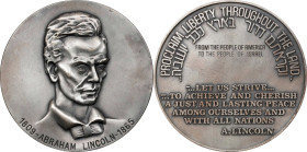 Undated Abraham Lincoln Judaic Medal. Silver. Mint State.
59 mm. 79.8 grams, .999 Fine, 2.56 troy ounces ASW. An unusual medal we have not encountere...
