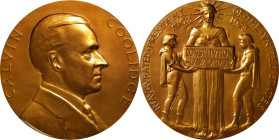 1923 Calvin Coolidge First Term Presidential Medal. By George T. Morgan. Bronze. Gem Mint State.
64.4 mm. Obv: Youthful bust right, name CALVIN COOLI...