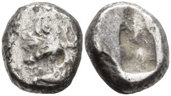 ACHAEMENID EMPIRE. Time of Darios I to Xerxes II (485-420 BC). Sardes.
AR Siglos (14.5mm 4.53g)
Obv: Persian king in kneeling-running stance right, ...