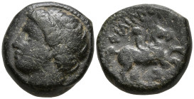 KINGS of MACEDON. Philip II (359-336 Bc). Uncertain mint
AE Bronze (16.4mm 6.56g)
Rev: Diademed head of Apollo left
Rev: Youth on horseback riding ...