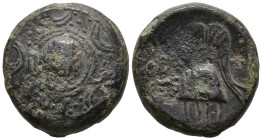 KINGS OF MACEDON. Philip III Arrhidaios (Circa 323-317 BC)
AE Bronze (14.8mm 3.45g)
Obv: Macedonian shield, on boss, head of Herakles right, wearing...