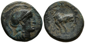 KINGS of THRACE. Lysimachos (305-281 BC). Lysimacheia.
AE Bronze (15.1mm 2.7g)
Obv: Head of Athena to right, wearing crested Attic helmet.
Rev: ΒΑΣ...