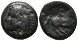 KINGS OF MACEDON. Kassander (317-305 BC). Uncertain mint.
AE Bronze (13.4mm 2.82g)
Obv: Head of Herakles left wearing lion skin.
Rev: Rider on hors...