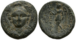 SELEUKID KINGDOM. Antiochos I Soter (281-261 BC). Smyrna or Sardes.
AE Bronze (17.8mm 4.61g)
Obv: Facing bust of Athena, wearing triple-crested helm...