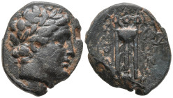 SELEUKID KINGDOM. Antiochos III Megas (223-187 BC). Sardes.
AE Bronze (17mm 3.92g)
Obv: Laureate head of Apollo right
Rev: ΒΑΣΙΛΕΩΣ ΑΝΤΙΟΧΟΥ. Tripo...
