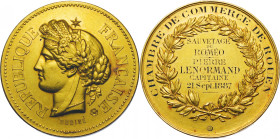 FRANCE
ROUEN CHAMBER OF COMMERCE, MEDAL SIGNED OUDINÉ
Reverse legend: Sauvetage du Roméo / Pierre Lenormand capitaine / 21 sept. 1887
27.71g. Gold,...
