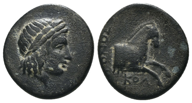 Aeolis. Aigai. (2.-1. Century BC). Bronze Æ. Obv: head of Apollo right. Rev: for...