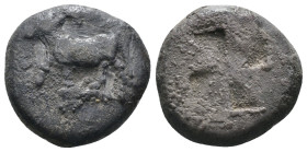 Bithynia. Kalchedon. (367-340 BC) AR Drachm. Obv: KAΛΧ. bull standing left on grain ear; in lower left field, monogram. Rev: Quadripartite incuse squa...
