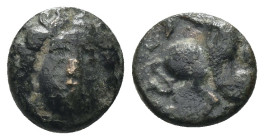 Caria. Kaunos. (390-370 BC) Bronze Æ. Obv: head of Apollo facing. Rev: sphinx seated left. Weight 0,93 gr - Diameter 7 mm