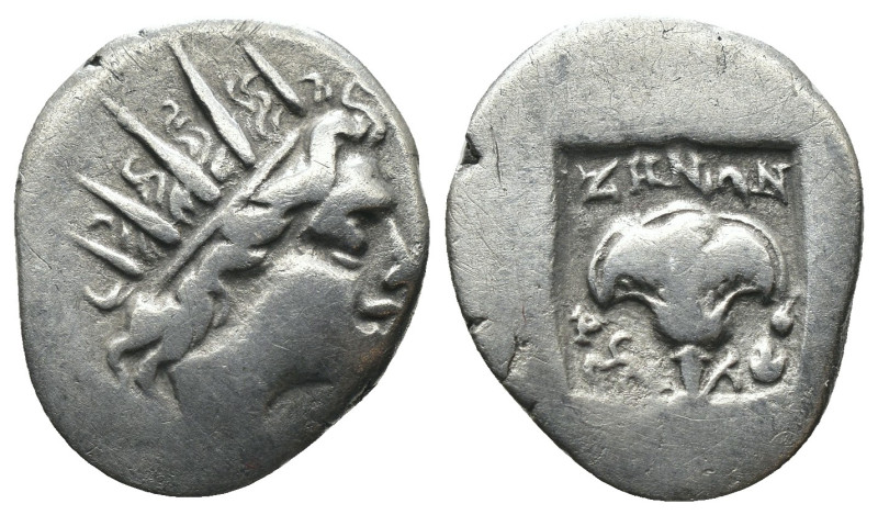 Caria. Rhodos. (305-275 BC) AR Obol. Obv: head of Helius right. Rev: rose. Weigh...