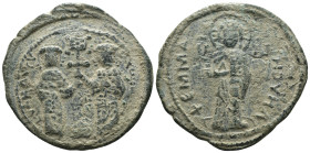 Constantine X. Ducas. (1059-1067 AD). Follis. Constantinople. Obv: Christ facing. Rev: Constantine and Eudocia standing facing, holding between them a...