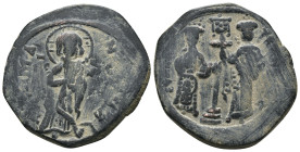 Constantine X. Ducas. (1059-1067 AD). Follis. Constantinople. Obv: Christ facing. Rev: Constantine and Eudocia standing facing, holding between them a...