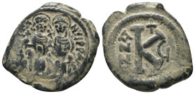 Justin II. and Sophia. (565-578 AD). 1/2 Follis. Constantinople. Obv: Justin II. and Sophia enthroned facing. Rev: K A/N/N/O. . Weight 7,76 gr - Diame...