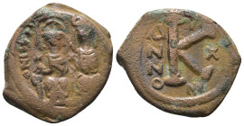 Justin II. and Sophia. (565-578 AD). 1/2 Follis. Constantinople. Obv: Justin II. and Sophia enthroned facing. Rev: K A/N/N/O. Weight 6,64 gr - Diamete...