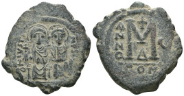 Justin II. and Sophia. (565-578 AD). Follis. Constantinople. Obv: Justin II. and Sophia enthroned facing. Rev: ANNO / M. . Weight 13,67 gr - Diameter ...