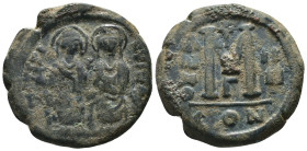 Justin II. and Sophia. (565-578 AD). Follis. Constantinople. Obv: Justin II. and Sophia enthroned facing. Rev: ANNO / M. . Weight 13,78 gr - Diameter ...