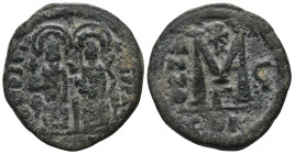 Justin II. and Sophia. (565-578 AD). Follis. Constantinople. Obv: Justin II. and Sophia enthroned facing. Rev: ANNO / M. Weight 13,21 gr - Diameter 28...