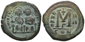 Justin II. and Sophia. (565-578 AD). Follis. Constantinople. Obv: Justin II. and Sophia enthroned facing. Rev: ANNO / M. Weight 13,52 gr - Diameter 28...