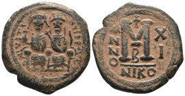 Justin II. and Sophia. (565-578 AD). Follis. Nicomedia. Obv: Justin II. and Sophia enthroned facing. Rev: ANNO / M. . Weight 12,95 gr - Diameter 27 mm