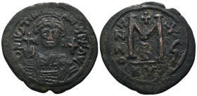 Justinian I. (527-565 AD) Æ Follis. Cyzicus. Obv: crowned bust facing holding globus cruciger. Rev: ANNO M. Weight 19,74 gr - Diameter 37 mm