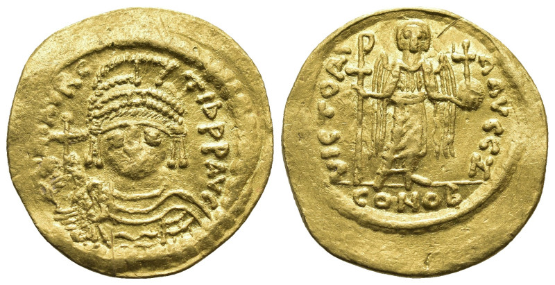 Maurice Tiberius. (582-602 AD) AV Solidus. Constantinople. Obv: O N MAVRC TIb PP...