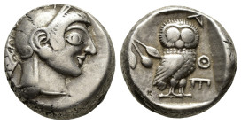 ATTICA. Athens, AR, Tetradrachm. 515 BCE - 482 BCE
Obv: Athena head of right; archaic style.
Rev: ΑΘΕ.
Owl standing, right; head facing, behind oli...