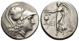 PAMPHYLIA. Side. Tetradrachm (Circa 205-100 BC). De-, magistrate.
Obv: Head of Athena right, wearing Corinthian helmet.
Rev: ΔEI-N
Nike advancing l...