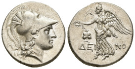 PAMPHYLIA, Side. Circa 205-100 BC. AR Tetradrachm.Attic standard. Deino-, magistrate. Helmeted head of Athena right / Nike advancing left, holding wre...