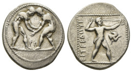 PAMPHYLIA. Aspendos. (Circa 380-325 BC). AR Stater
Obv: Two wrestlers grappling; FИ between, EΛVΦA MENETVΣ in exergue
Rev: Slinger in throwing stanc...