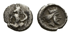 Persia, Achaemenid Empire AR Hemiobol. Uncertain mint in Cilicia, 4th century BC. Crowned head Right/ Persian king or hero in kneeling-running stance ...