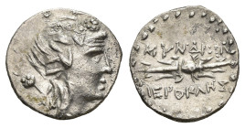 Caria, Myndos AR Hemidrachm, Hierokles, magistrate. Circa 2nd - 1st centuries BC.
Obv: Head of Dionysos right, wearing ivy-wreath
Rev: ΜΥΝΔΙΩΝ above...
