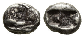 Kings of Lydia, Kroisos, AR Half Stater, Silver, Circa 564/53-550/39 BC. Sardes.
Obv: Confronted foreparts of lion and bull.
Rev: Two incuse square ...
