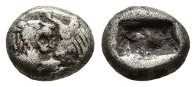 KINGS OF LYDIA. Kroisos, circa 560-546 BC. 1/6 Stater, Sardes.
Confronted foreparts of a lion and a bull.
Rev. Two incuse squares, one larger than t...