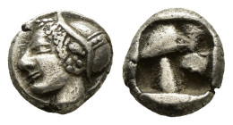 IONIA. Phokaia. Diobol (Circa 521-478 BC).
Obv: Archaic female head left, wearing earring and helmet or close fitting cap.
Rev: Quadripartite incuse...