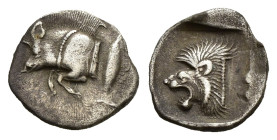 MYSIA. Kyzikos. Hemiobol (Circa 450-400 BC).
Obv: Forepart of boar left; H to right.
Rev: Head of roaring lion left; star to upper left; all within ...