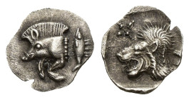 MYSIA. Kyzikos. Hemiobol (Circa 450-400 BC).
Obv: Forepart of boar left; H to right.
Rev: Head of roaring lion left; star to upper left; all within ...