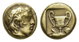 LESBOS. Mytilene. EL Hekte (Circa 454-427 BC).
Obv: Head of Dionysos right, wearing ivy wreath.
Rev: Kantharos between two ivy leaves, all within li...