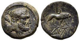 Kings of Galatia. Amyntas 36-25 BC. Dated RY 5=31/30 BC Bronze Æ. Head of Herakles to right, club over left shoulder, Є-C to left / Lion standing righ...