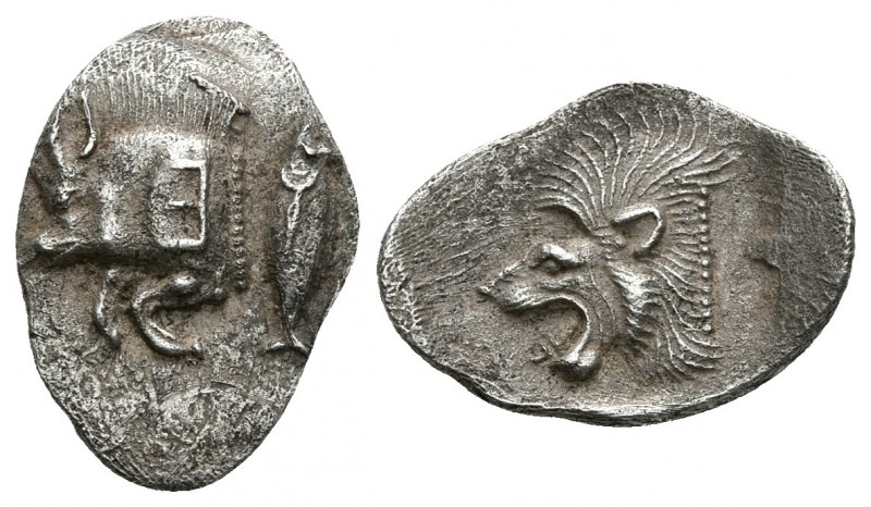 KYZIKOS, Mysia. Trihemióbolo. 550-500 a.C. A/ Parte delantera de jabalí a izquie...