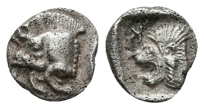 KYZIKOS, Mysia. Hemióbolo. 550-500 a.C. A/ Parte delantera de jabalí a izquierda...
