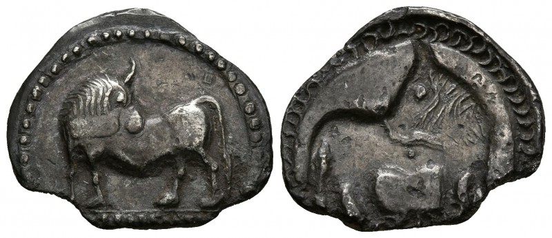 LUCANIA, Sybaris. 1/3 Estátera. 550-510 a.C. A/ Toro a izquierda con cabeza vuel...
