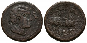 ARSAOS. As. 120-80 a.C. Jaca (Huesca). A/ Cabeza masculina a derecha entre arado y delfín. R/ Jinete con dardo a derecha, debajo ARSAOS. FAB-144. Ae. ...