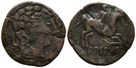 ARSAOS. As. 120-80 a.C. Jaca (Huesca). A/ Cabeza con barba a derecha, delante delfín y detrás arado. R/ Jinete con dardo a derecha, bajo la línea ARSA...